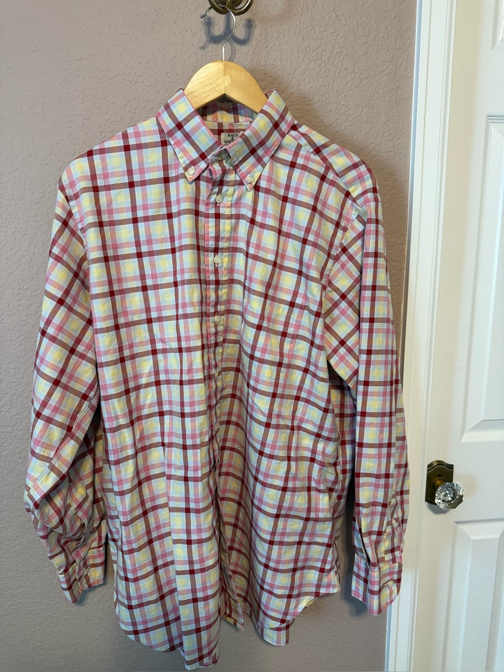 Maus and Hoffman Men's Red Yellow and White Plaid Button-Down Shirt